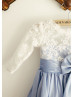 Elbow Sleeves Lace Blue Taffeta Flower Girl Dress
